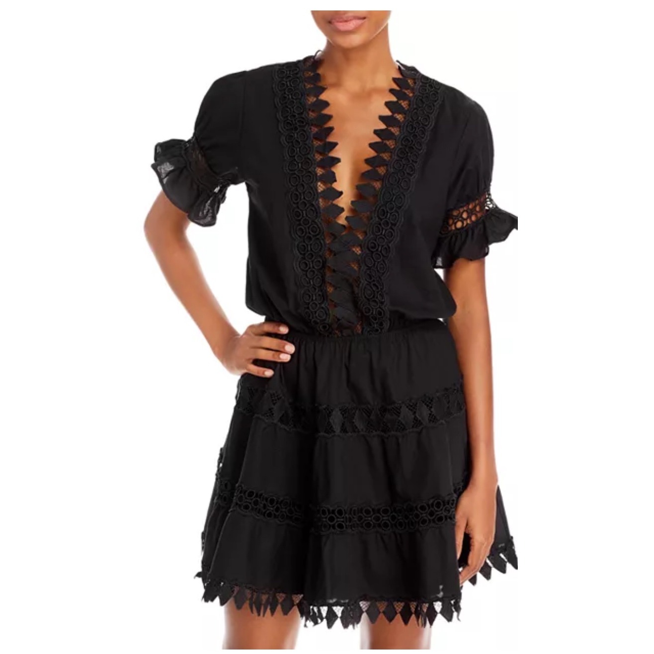 Peixoto Black Crochet-Trim Deep V Romper